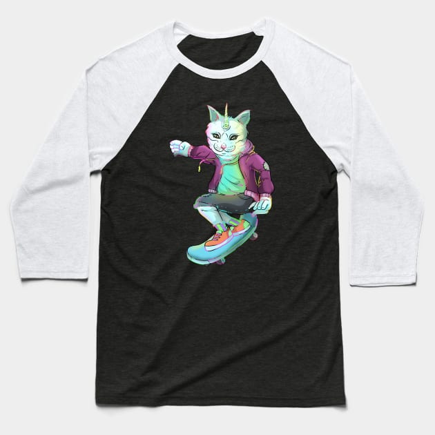 Badass Skateboarding Cat Unicorn Baseball T-Shirt by Trendy Black Sheep